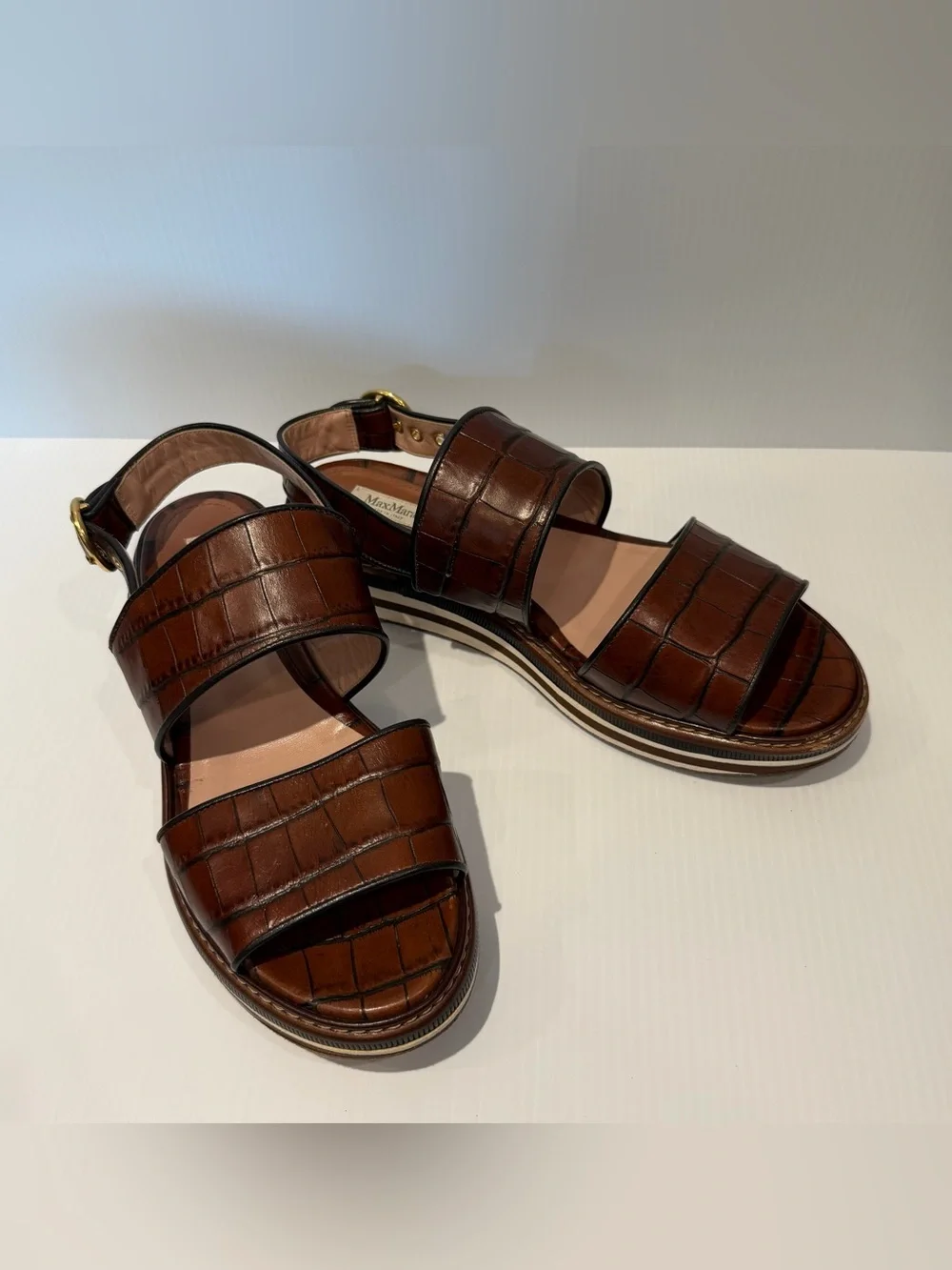 Max Mara Brown Croc-Embossed leather Platform Slide Sandals
